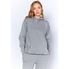 Edition Eskitme/soluk Efektli Regular/normal Kalıp Kapşonlu Kanguru Cepli Örme Sweatshirt | Boyama GRI-8851