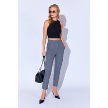 Edition Gri Melanj Poly Viskon Soft Dokulu Likralı Yüksek Bel Pensli Streç Dar Paça Kadın Pantolon 69246