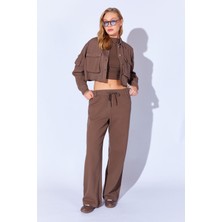 Edition Kahve Gabardin Yıkamalı Kadın Palazzo Rahat Kesim Beli Lastikli Kadın Pantolon | EK10009263