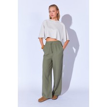 Edition Haki Müslin Yıkamalı  Pamuk Palozzo Kesim Rahat Beli Lastikli Kadın Pantalon | EK1000669884