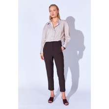 Edition Kahve Poly Viskon Soft Dokulu Likralı Yüksek Bel Pensli Streç Dar Paça Kadın Pantolon EK100669246