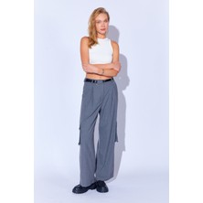 Edition Gri Melanj Poly Viskon Likralı Soft Dokulu Palazzo Kesim  Kargo Cepli Kadın Pantolon EK100669234