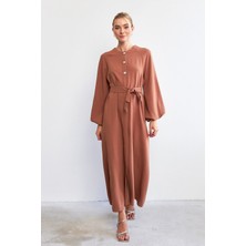 Balon Kol Düğmeli Abaya Elbise - Camel