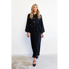 Balon Kol Düğmeli Abaya Elbise - Siyah