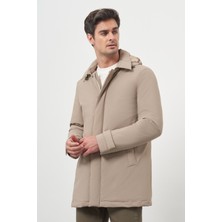  Erkek Bej Poliamit Çıtçıtlı Kapüşonlu Mont