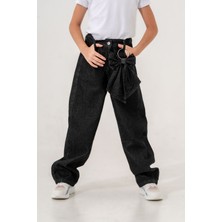 Giyicem Kız Çocuk Rahat Kesim Çıkarılabilir Fiyonklu Kot Pantolon