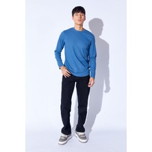 Man Edition Indigo Bisiklet Yaka Jakarlı Dokulu Kumaş Slim Fit Basic Uzun Kol Erkek Tshirt | EE1000229956