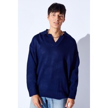 Man Edition Lacivert Oversize V Yaka Akrilik Yumuşak Dokulu Erkek Kazak | EE1000519912