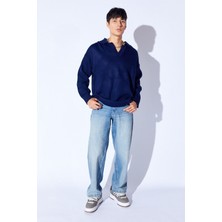Man Edition Lacivert Oversize V Yaka Akrilik Yumuşak Dokulu Erkek Kazak | EE1000519912