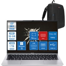 Aspire Lite Intel I5-1235U 32GB Ddr5 1tb SSD UHD Graphics 14'' Fhd W11PRO Gümüş Notebook AL1451MWP10 + Zettaçanta