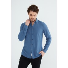 Ravanelli Erkek Slim Fit Dar Kesim Düğmeli Yaka Keten Görünümlü %100 Pamuk Flamlı Gömlek Düz Renkler Seçenekleri