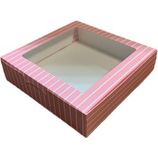 Pencereli Karton Kutu Çizgili Model 20 x 20 x 5  cm  (10 Adet)  Pembe