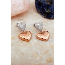 Çift Kalp Tasarım Rose Gümüş Küpe 7113