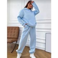 Şardonlu Kapşonlu Düz Mavi Bayan Polar Eşofman Takımı