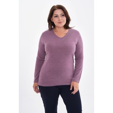 Charamela Kadın Uzun Kollu Yakası Taş Detaylı Büyük Beden Triko Görünümlü BLUZ-BGB39