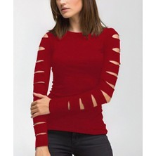 Veramall Kadın Uzun Kollu Bisiklet Yaka Lazer Kesim Viskon Bluz