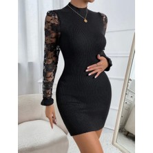 Kadın Uzun Kollu Kollar Tül Detay Triko Mini Boy Elbise