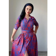 Kadın Uzun Kollu Yakalı Önden Düğmeli Beli Kuşaklı Uzun Süprem Elbise