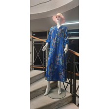 Bohomiyan Büyük Beden Italyan Uzun Dijital Çiçek Baskılı Keten V Yaka Gömlek Elbise