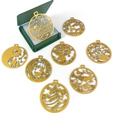 NG Puzzle 8 Parça Ahşap Motifli Set, Ahşap Hediye Kutulu, El Boyaması Simli Antik Altın Renginde Yılbaşı Süs Seti