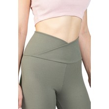 The Step Sports Fitilli Çağla Yeşili Çapraz Bel Detaylı Kışlık Içi Polarlı Termal Tayt