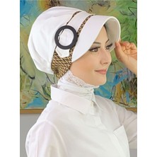 Butik AmbarNazlı Model Tokalı Başak Desenli Tesettür Beyaz Şapka