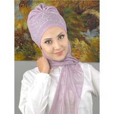 Butik AmbarVintage Model Taşlı Abiye Atkılı Bone Şal - Lila - Butik Ambar