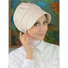 Butik AmbarToka Desenli Taşlı Ekru Şapka