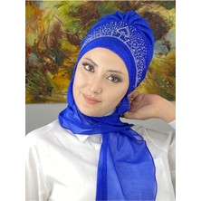 Butik AmbarVintage Model Taşlı Abiye Atkılı Bone Şal - Saks Mavisi - Butik Ambar