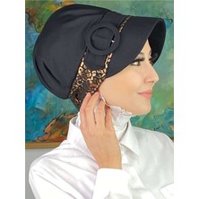 Butik AmbarNazlı Model Tokalı Parlak Bakır Leoparlı Tesettür Siyah Şapka