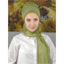 Butik AmbarVintage Model Taşlı Abiye Atkılı Bone Şal -Açık Yağ Yeşili- Butik Ambar
