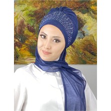 Butik AmbarGüneş Model Taşlı Abiye Atkılı Bone Şal - Lacivert - Butik Ambar