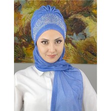 Butik AmbarKristal Taç Model Taşlı Abiye Atkılı Bone Şal - Mavi - Butik Ambar