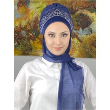 Butik AmbarVintage Model Taşlı Abiye Atkılı Bone Şal -Lacivert - Butik Ambar