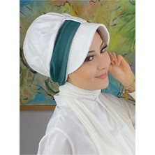 Butik AmbarCırtcırtlı Nefti Yeşil Fransız Şifon Fularlı Beyaz Şapka