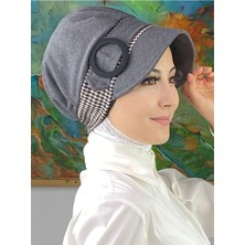 Butik AmbarNazlı Model Tokalı Iri Siyah Beyaz Kazayaklı Tesettür Koyu Gri Şapka