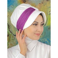 Butik AmbarCırtcırtlı Fuşya Simli Şifon Fularlı Beyaz Şapka