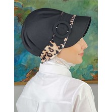 Butik AmbarNazlı Model Tokalı Leoparlı Tesettür Siyah Şapka