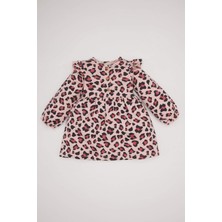 DeFacto Kız Bebek Leopar Desenli Bisiklet Yaka Düğmeli Uzun Kollu Elbise