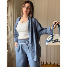 Indigo Renk Oversize Tencel Gömlek ve Pantolon Takım