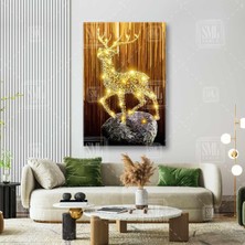 SML Tablo Taşın Üzerinde Gold Işıklardan Geyik Altın Lüks Dekor Dikey Kanvas Tablo