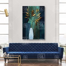 SML Tablo Çiçek Saksı ve Vazo Içinde Petrol ve Gold Zemin Çiçekler Altın Yapraklar Lüks Dikey Kanvas Tablo