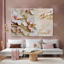 SML Tablo Pembe Gold Detaylı Çiçekler Altın Detaylı Inci Dekor Yatay Kanvas Tablo