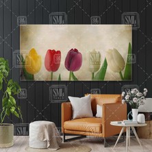 SML Tablo Vintage Retro Laleler Sarı Kırmızı ve Beyaz Lale Enine Yatay Kanvas Tablo