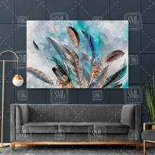 SML Tablo Kuş Tüyü Dekoratif Mavi Turkuaz Kahverengi Tüyler Yatay Kanvas Tablo