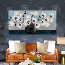 SML Tablo Siyah Saksıda Beyaz Çiçek Buketi Dekoratif Enine Yatay Kanvas Tablo