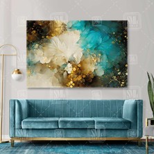 SML Tablo Altın ve Deniz Mavisi Çiçekler Soyut Dekoratif Abstract Turkuaz Yatay Kanvas Tablo