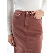 Cannes - Yırtmaçlı Yüksek Bel Midi Boy Denim Etek - Bordo Renk