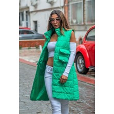 Markano Yeşil Dik Yaka Cep Detaylı Uzun Şişme Yelek