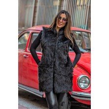 Markano Siyah Arkası Deri Detaylı Cepli Uzun Suni Kürk Yelek